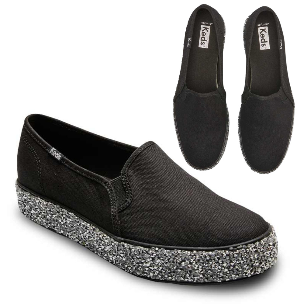 Keds Women's Black Slip-On Shoes with Silver Glitter Sole